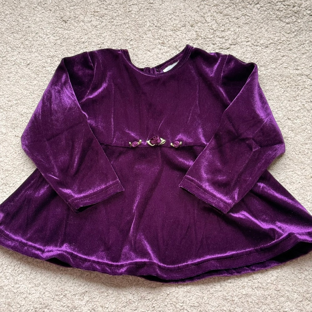 Premiere Collection Baby Girl Purple Velvet Long Sleeve Rosebud Top Holiday